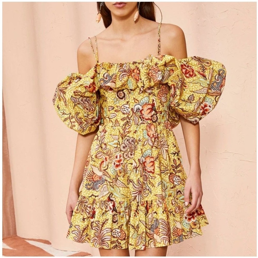 Ulla Johnson Lila Mini Dress Women Sz 2 Yellow Cotton Floral Puff Sleeve Ruffle
